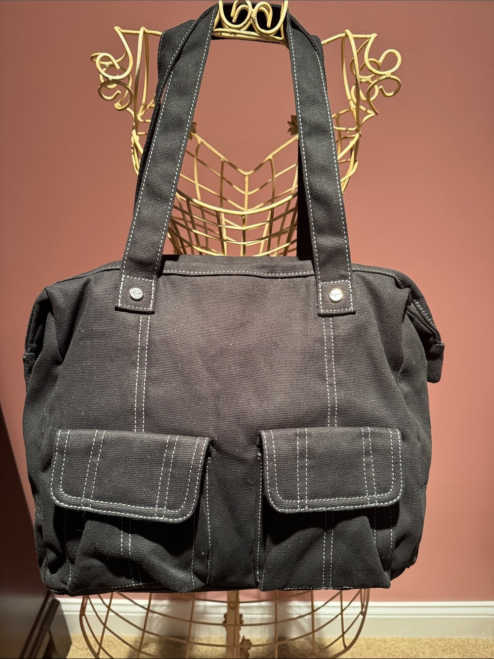 Thirty One Black Canvas Tote Bag with Front Pockets - Like New